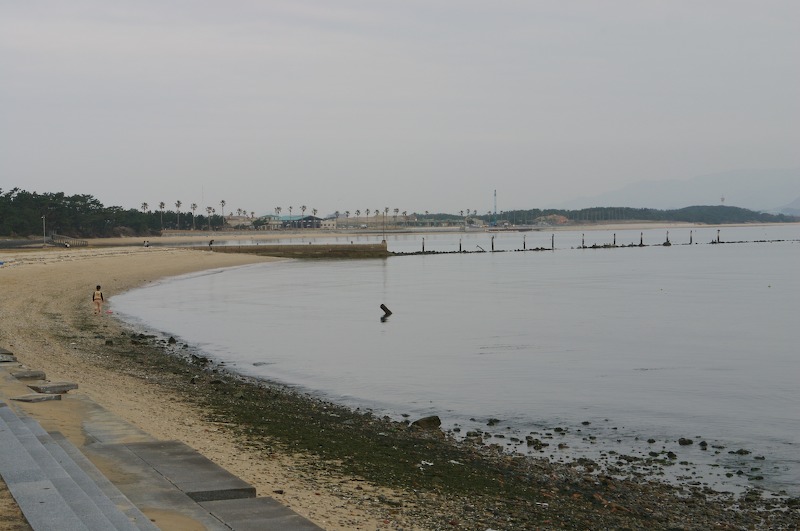 The beach with a stranger walking along its shore.